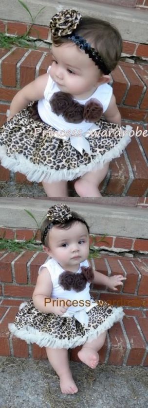 Baby Cream White Leopard Pettiskirt Brown Top Set 3 12M  