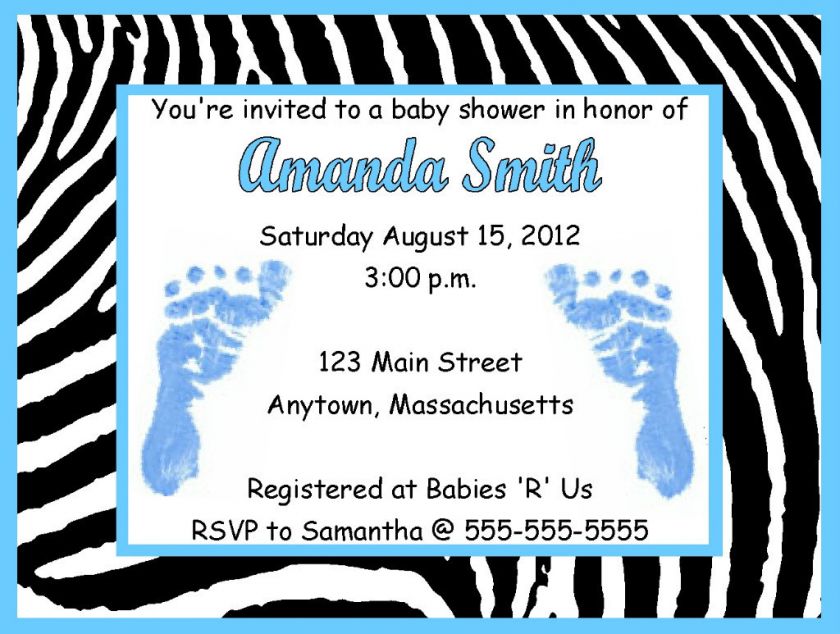 Boy Blue Feet Zebra Print Baby Shower Invitations  