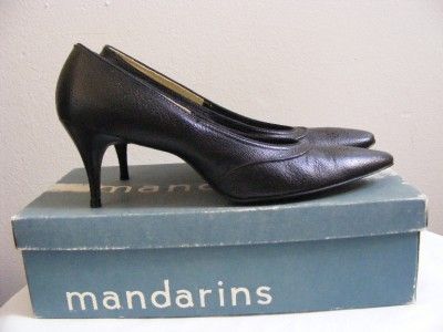 Vtg 50s 60s MANDARINS Black Leather Spike Heels 6.5/7 7.5 Pointy 