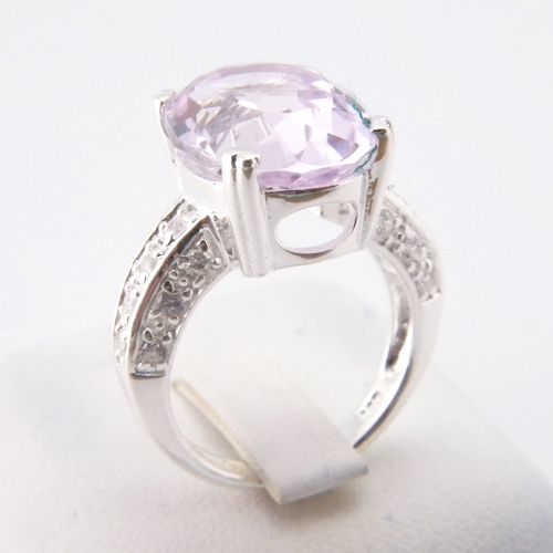 Genuine Pink Kunzite White Cubic Zirconia Silver Ring  