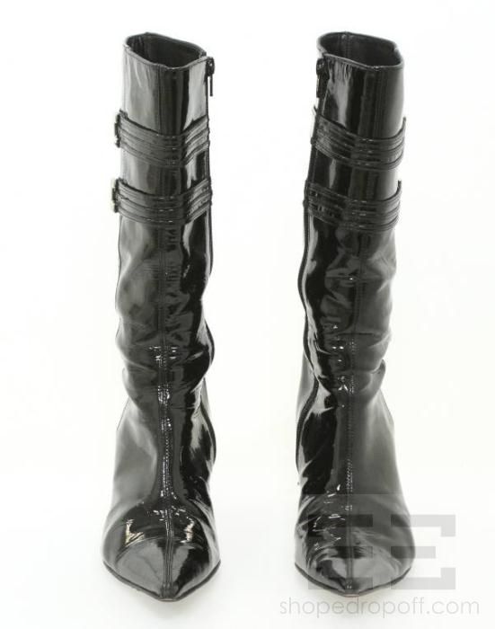   Black Patent Leather Silver Buckle Mid Calf Boots Size 7.5M  