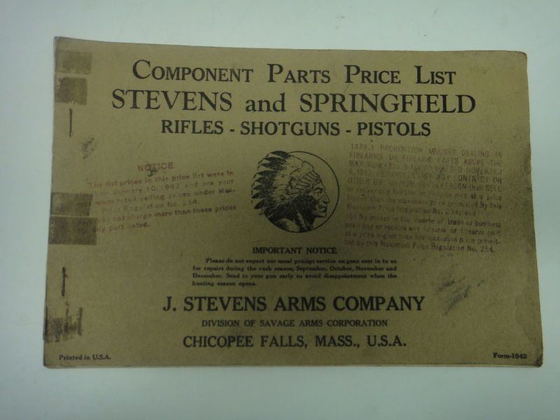 1942 STEVENS + SPRINGFIELD GUN PART/ACCESSORIES CATALOG  
