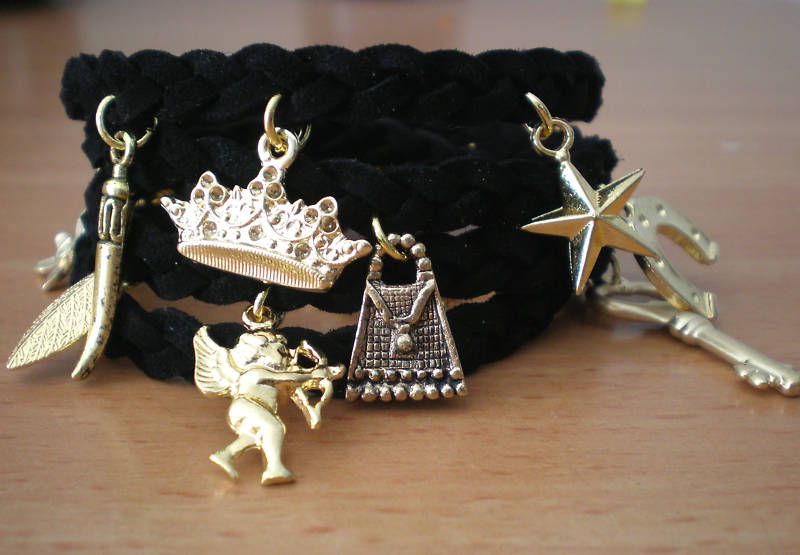 Black Suede leather Wrap Gold Charm Bracelet bangle Hollywood Princess 